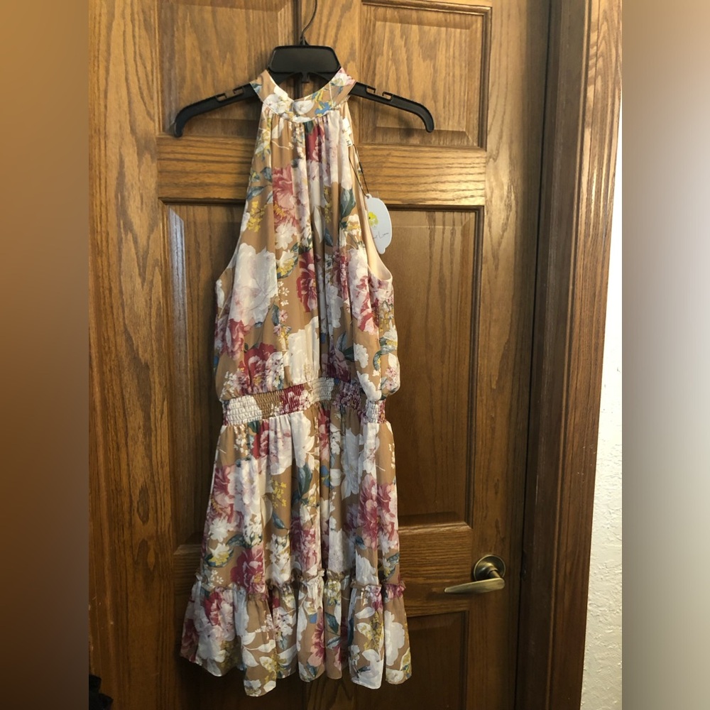 Sweet Lemon floral print halter neck sleeveless ruffle mini sun dress Large